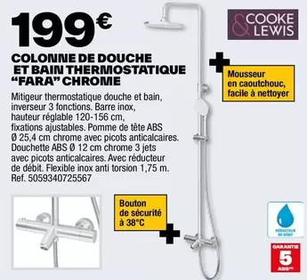 Cooke & Lewis - Colonne De Douche Et Bain Thermostatique "Fara" Chrome offre à 199€ sur Brico Dépôt