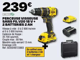 Stanley - Perceuse Visseuse Sans Fil V20 18 V + 2 Batteries 2 Ah offre à 239€ sur Brico Dépôt