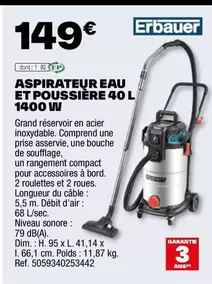 Erbauer - Aspirateur Eau Et Poussière 40 L 1400 W offre à 149€ sur Brico Dépôt