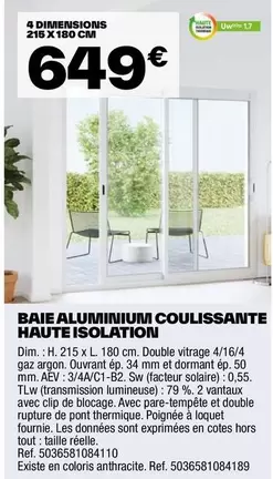 Baie Aluminium Coulissante Haute Isolation offre à 649€ sur Brico Dépôt