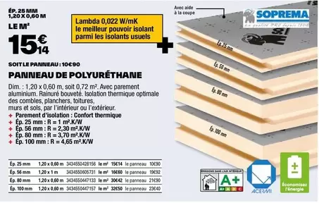 Soprema - Panneau De Polyurethane offre à 15,14€ sur Brico Dépôt