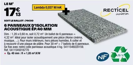 Recticel - 6 Panneaux D'Isolation Acoustique Ep.40 Mm offre à 17,13€ sur Brico Dépôt