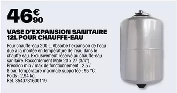 Vase D'expansion Sanitaire 12l Pour Chauffe-eau offre à 46,9€ sur Brico Dépôt