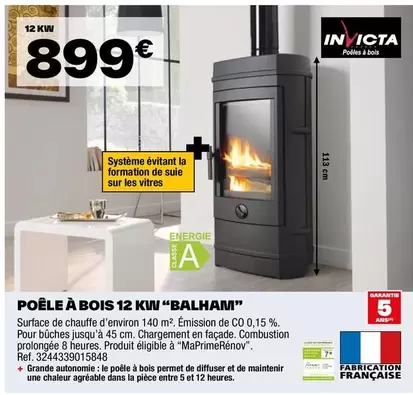 Invicta - Poêle À Bois 12 Kw :Balham"  offre à 899€ sur Brico Dépôt