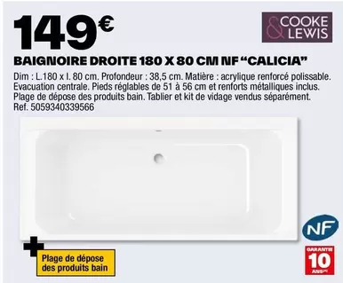 Cooke & Lewis - Baignoire Droite 180 X 80 Cm NF "Calcia" offre à 149€ sur Brico Dépôt