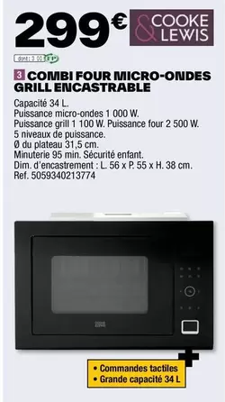 Cooke & Lewis - Combi Four Micro-Ondes Grill Encastrable offre à 299€ sur Brico Dépôt