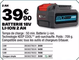 Erbauer - Batterie 18v Li-ion 2 Ah offre à 39,9€ sur Brico Dépôt