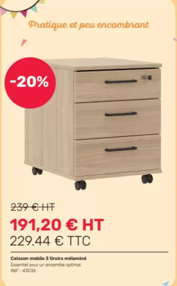 Cassom Moble 3 Tiroirs Melamino offre à 191,2€ sur Office Depot