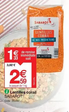 Sabarot - Lentilles Corail offre à 2,59€ sur Promocash