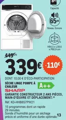 Sharp - Sèche Linge Pompe A Chaleur offre à 339€ sur E.Leclerc