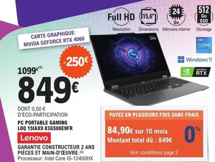 Lenovo -  Pc Portable Gaming offre à 849€ sur E.Leclerc