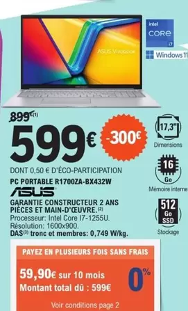 Asus - Pc Portable R700ZA-BX432W offre à 599€ sur E.Leclerc