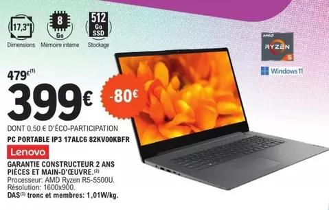 Lenovo - Pc Portable P3 17A126B 82XV00XBFFR offre à 399€ sur E.Leclerc