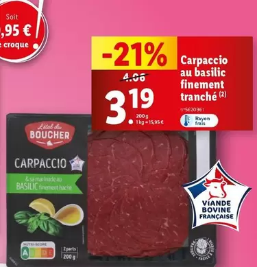 L'Etal Du Boucher - Carpaccio Au Basilic Finement Tranché  offre à 3,19€ sur Lidl