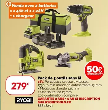 Ryobi - Pack De 3 Outils Sans Fil offre à 279€ sur Weldom