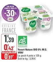 Yaourt Nature Bio 0% M.g. offre à 1,39€ sur G20