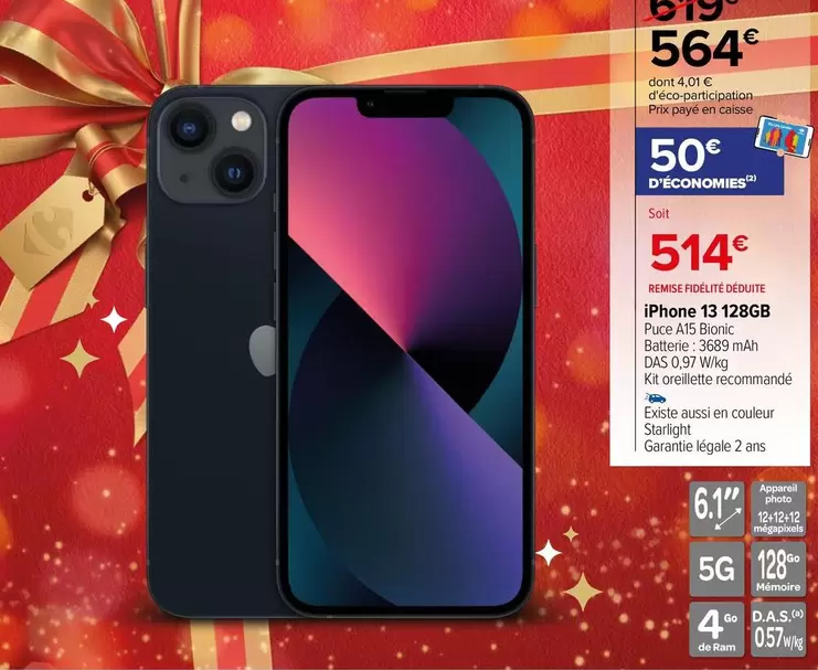 Iphone 13 128gb offre à 514€ sur Carrefour City