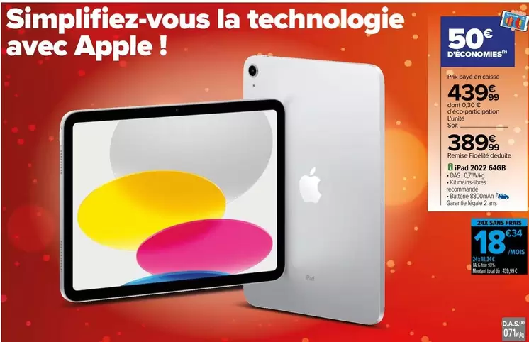 Apple - Ipad 2022 64Gb offre à 439,99€ sur Carrefour City