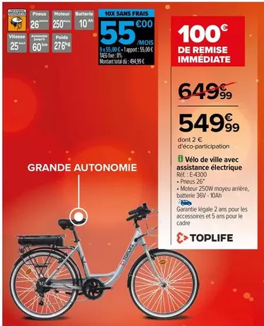 Toplife - Vélo De Ville Avec Assistance Électrique E-4300 offre à 549,99€ sur Carrefour City