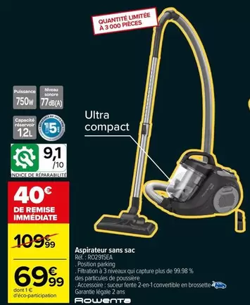 Rowenta - Aspirateur Sans Sac offre à 69,99€ sur Carrefour