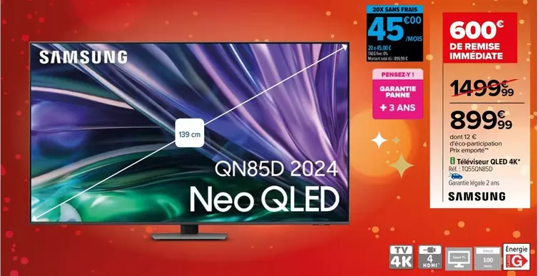 Samsung - Téléviseur Qled 4K TQ55QN85D offre à 899,99€ sur Carrefour