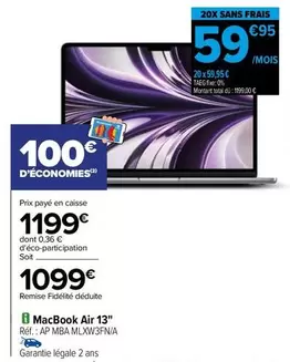 Total - Macbook Air 13" Ref.: Ap Bma XLW3FN/A offre à 1099€ sur Carrefour