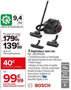 Bosch - Aspirateur Sans Sac BGS21POW2 offre à 139,99€ sur Carrefour