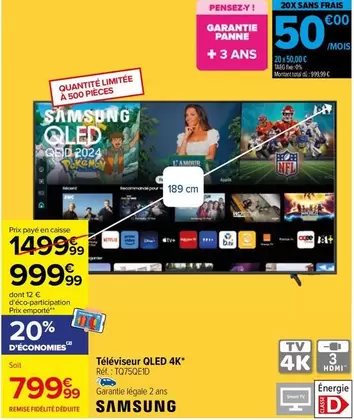 Samsung - Téléviseur Qled 4K TQ75QE1D offre à 999,99€ sur Carrefour Drive