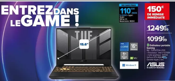 Asus - Ordinateur Portable Gaming TUF507ZV4-LP011 offre à 1099,99€ sur Carrefour Drive