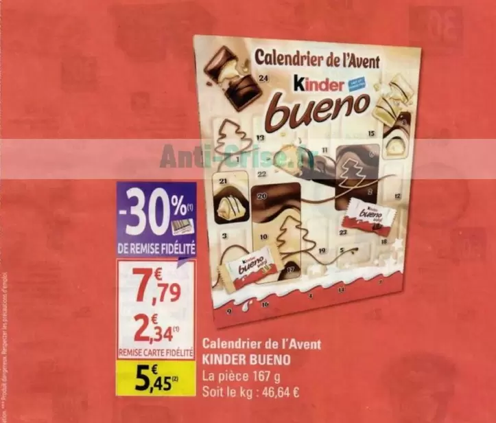 Avent - Calendrier De L'avent Kinder Bueno offre à 5,45€ sur Diagonal Supermarché