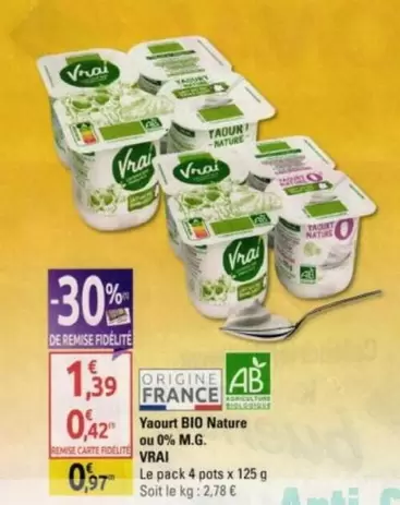 Yaourt Bio Nature Ou 0% M.g. offre à 1,39€ sur Diagonal Supermarché