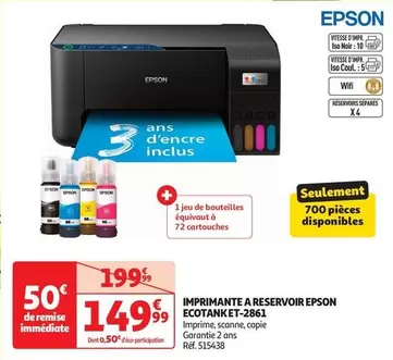 Epson - Imprimante A Reserve  Ecotank Et-2861 offre à 149,99€ sur Auchan Hypermarché