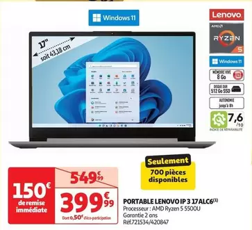 Lenovo - Portable IP 3 17ALC6 offre à 399,99€ sur Auchan Hypermarché