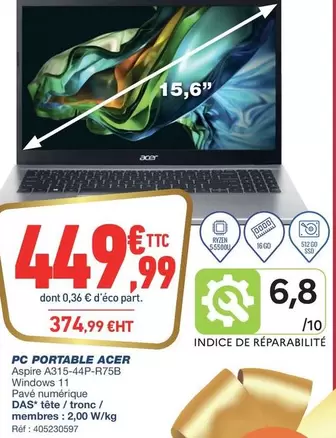 Acer - Pc Portable offre à 449,99€ sur Bureau Vallée