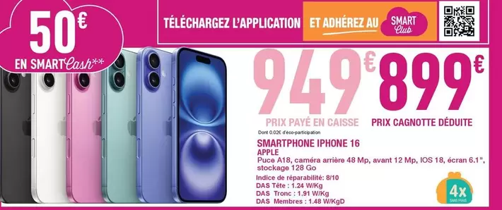 Smartphone Iphone 16 offre à 949899€ sur Carrefour