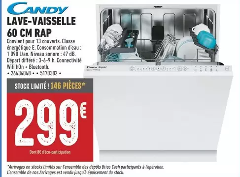 Candy - Lave-vaisselle 60 Cm Rap offre à 299€ sur Brico Cash