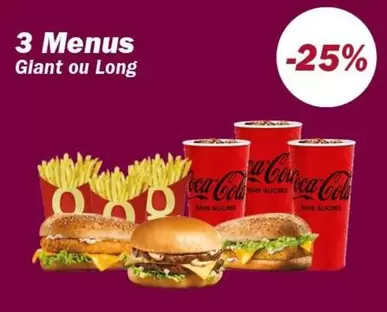 Coca cola - 3 Menus Giant ou Long offre sur Quick