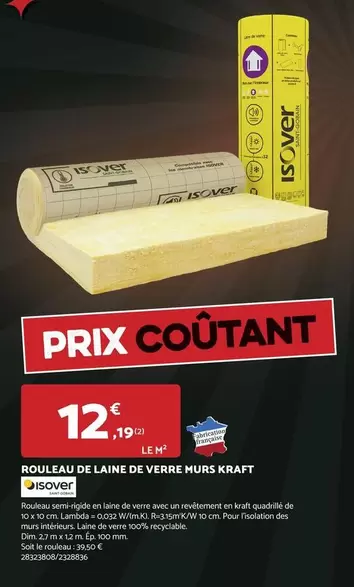 Isover - Rouleau De Laine De Verre Murs Kraft offre à 12,19€ sur Bricomarché