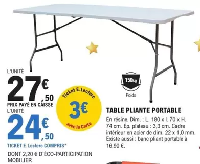 Table Pliante Portable offre à 27,5€ sur E.Leclerc Brico