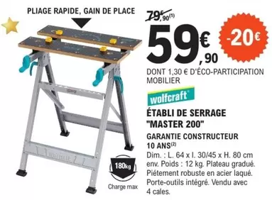 Wolfcraft - Établi De Serrage "Master 200" offre à 59,9€ sur E.Leclerc Brico