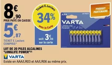 Varta - Lot De 20 Piles Alcalines "longlie Power" offre à 5,87€ sur E.Leclerc