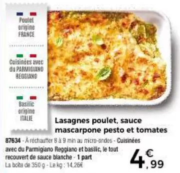 Lasagnes Poulet, Sauce Mascarpone Pesto Et Tomates offre à 4,99€ sur Maison Thiriet