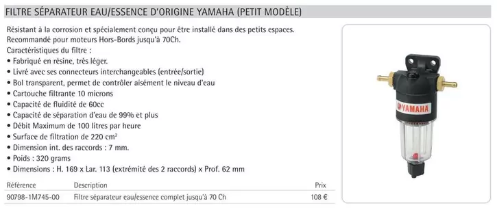 Yamaha - Filtre Séparateur Eau/Essence D'Origine (Petit Modèle) offre à 108€ sur Yamaha