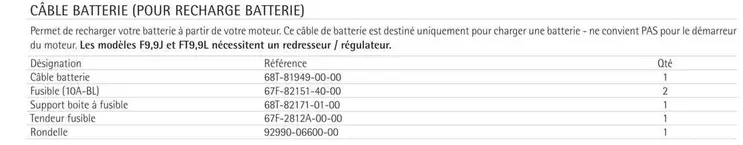 Câble Batterie (Pour Recharge Batterie) offre sur Yamaha