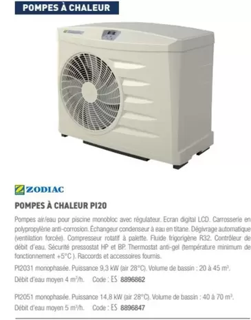 Zodiac - Pompes A Chaleur PI20 offre sur Ciffréo Bona