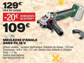 Meuleuse D'angle Sans Fil 18 V offre à 109€ sur Brico Dépôt