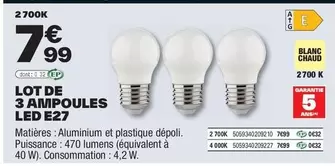 Lot De 3 Ampoules Led E27 offre à 7,99€ sur Brico Dépôt