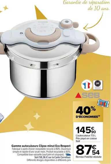 Carrefour - Gamme Autocuiseurs Clipso Minut Eco Respect offre à 87,54€ sur Carrefour City