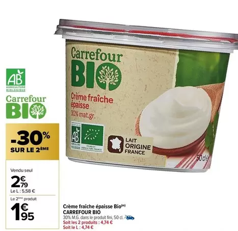 Carrefour - Crème Fraîche Épaisse Bio offre à 2,79€ sur Carrefour City