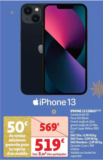 Apple - Iphone 13 128Go  offre à 519€ sur Auchan Hypermarché